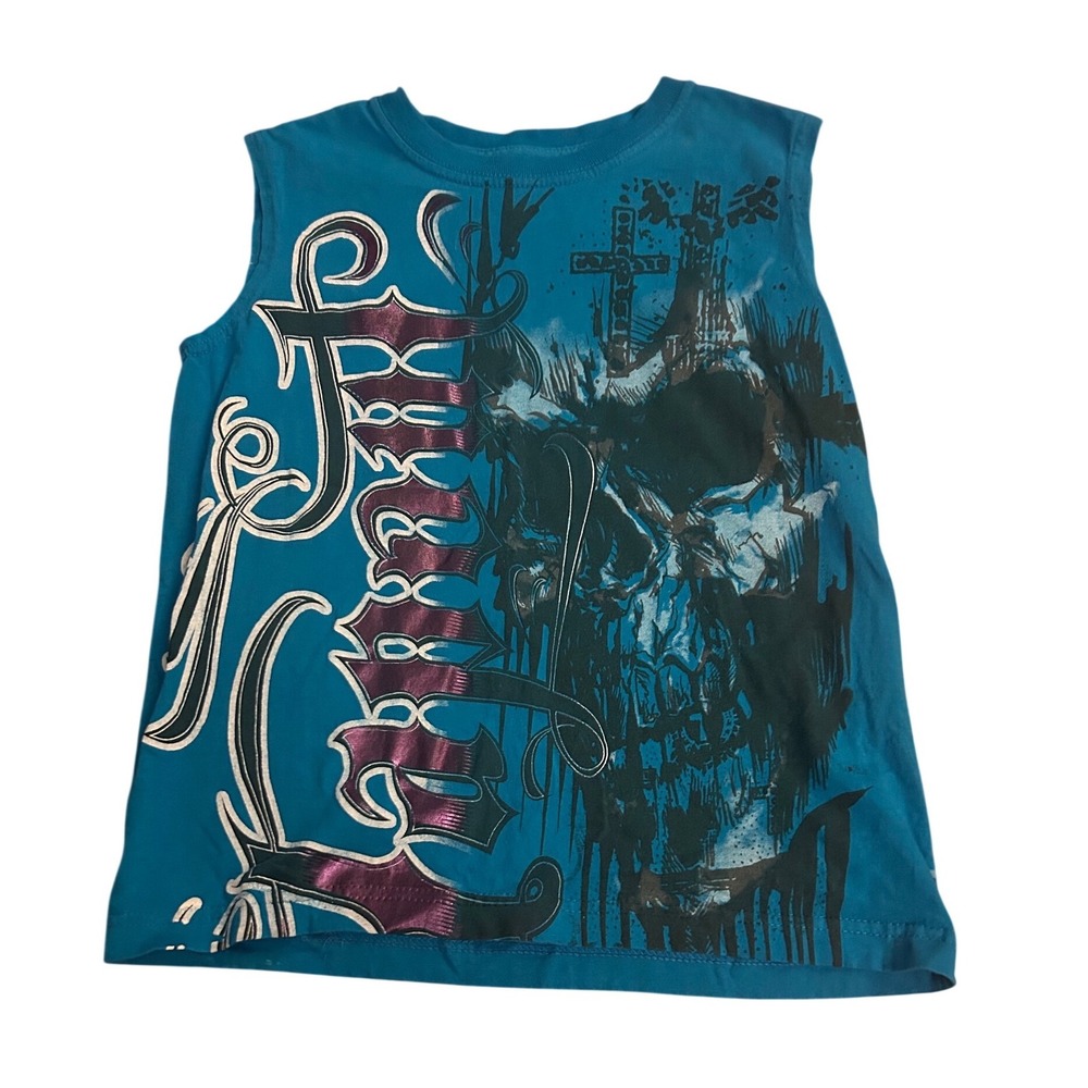 Tapout Boys Teal Blue Sleeveless Graphic Muscle Tee Skull Cross Gothic Size 8